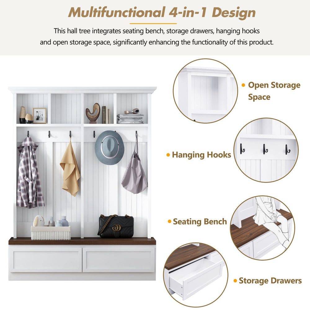 English Elm [Assembly] Farmhouse 4-in-1 Hall Tree with Wood Grain Bench, 2 Drawers, 6 Hooks, Open Storage, Anti-Tip White+Walnut N721P313099K