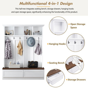 English Elm Rattan Door Hall Tree Bench with 6 Hooks Farmhouse Entryway Storage White+Walnut N721S000076K