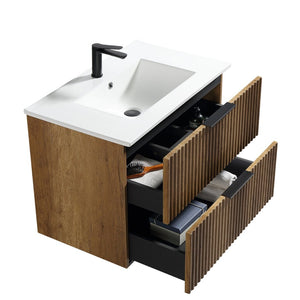 English Elm 30 Inch Floating Bathroom Vanity Fluted Wood Grain Front with Ceramic Integrated Sink W3520S00044