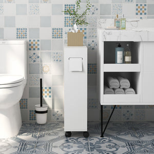 English Elm kleankin Slim Toilet Paper Cabinet on Wheels with Adjustable Shelf, Sliding Doors & Flip Top (White) W2225P229297