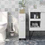 Kleankin Toilet Paper Cabinet with Wheels, Small Storage, Sliding Doors, Adjustable Shelf, White