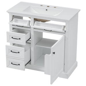 English Elm 36-Inch Modern Bathroom Vanity with Ceramic Basin, 4 Drawers & Soft-Close Door, Pre-Drilled Faucet Ready, Durable MDF and Solid Wood Construction (36"L x 18.3"W x 33.4"H) White N725P296118K