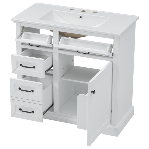 English Elm 36-Inch Modern Bathroom Vanity with Ceramic Basin, 4 Drawers & Soft-Close Door, Pre-Drilled Faucet Ready, Durable MDF and Solid Wood Construction (36"L x 18.3"W x 33.4"H) White N725P296118K
