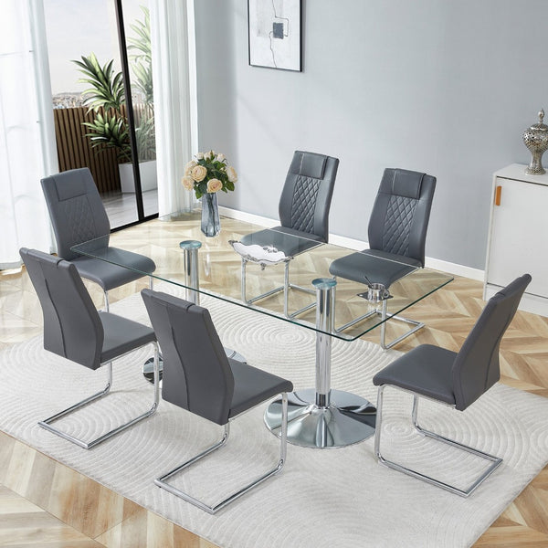 English Elm Table and Chair Set Extendable Mdf Round Oval Dining with 6 Gray Pu Seats Dark Gray,Silver,Transparent W1151S04550