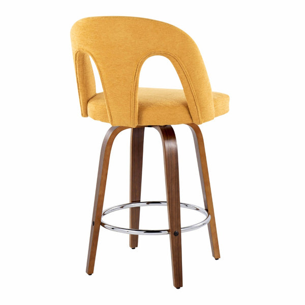 English Elm Fixed-height Swivel Counterstools Walnut Bentwood Legs Yellow Upholstery Chrome Footrest Pair B202S01797