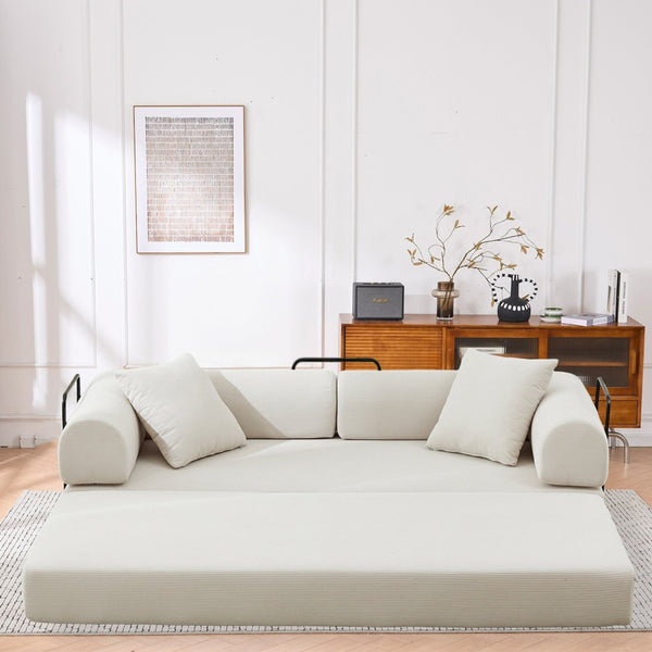 English Elm Folding Corduroy Futon Sofa Converts to Floor Mattress for Studio or Compact Living Beige W2915P391454