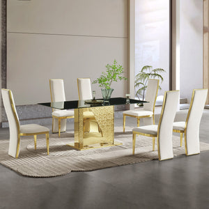 English Elm Gold Stainless Steel Dining Table With 70.08" Black Tempered Glass Top - Modern Elegance Redefined! W2723S00044