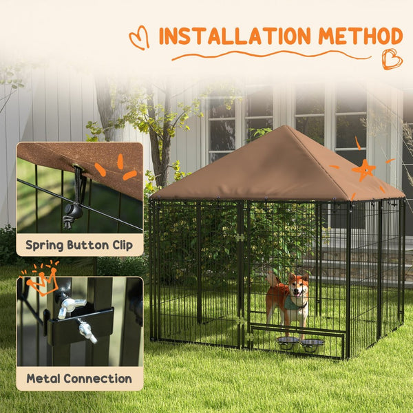 English Elm Pawhut Outdoor Steel Wire Dog Kennel with Oxford Canopy Roof and Rotating Feed Bowl W2225P173780