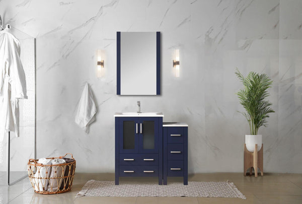 English Elm Navy Blue Bath Vanity Set With Side Cabinet, White Ceramic Top, Mirror & Chrome Faucet For Modern Spaces B2731S01362