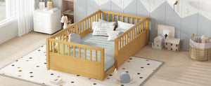 English Elm Twin Montessori Floor Bed Frame for Kids – Pine Playroom Bed with Fence for Reading & Imaginative Play Natural W1580P307880