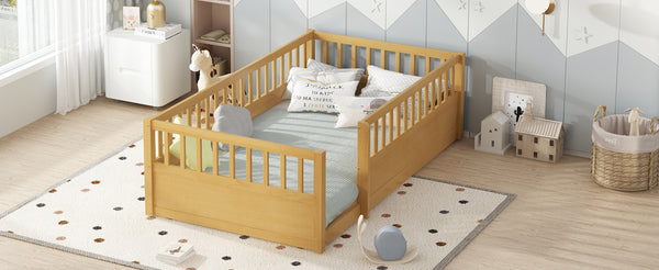 English Elm Twin Montessori Floor Bed Frame for Kids – Pine Playroom Bed with Fence for Reading & Imaginative Play Natural W1580P307880