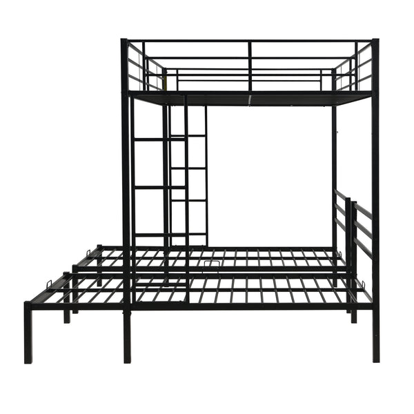 English Elm Full Metal Triple Bunk Bed Full over Twin over Twin with Vertical Ladder, Safety Rails & Shelf Black W2297S00026