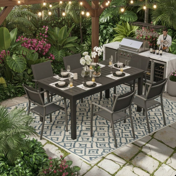 English Elm 63"-92" Extendable Aluminum Patio Dining Table Powder Coated Seats up to Ten Outdoor B082P455120