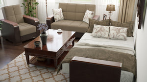 English Elm Primenest Zenaero X Convertible Loveseat With Storage, Beige Chenille & Brown Trim For Small Spaces B030P281771-GIGA