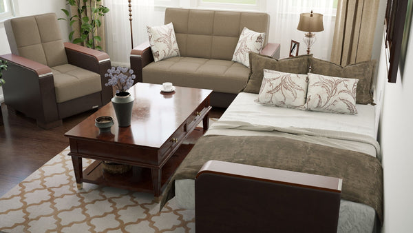 English Elm Primenest Zenaero X Convertible Loveseat With Storage, Beige Chenille & Brown Trim For Small Spaces B030P281771-GIGA