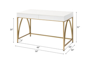English Elm Lightmane White High Gloss Writing Desk with Gold Metal Legs, 2 Drawers, Sleek Modern Home Office Appeal B2726P305088