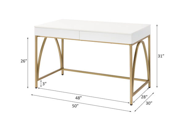 English Elm Lightmane White High Gloss Writing Desk with Gold Metal Legs, 2 Drawers, Sleek Modern Home Office Appeal B2726P305088