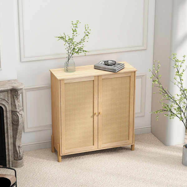 English Elm Mid-Century Woven Rattan Door Storage Cabinet with Adjustable Shelves and Solid Wood Legs, Stylish and Functional Natural 35.4 L x 18.5 W x 6.3 H W3151P288911