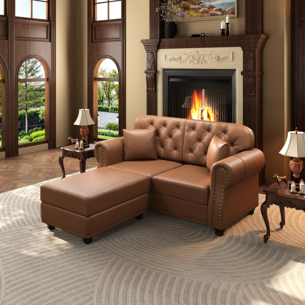 English Elm 63"upholstered Faux Leather Loveseat Mid-century Chesterfield Tufted Nailhead Sofa Set Brown W1885S00427