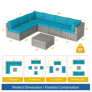 English Elm 7-piece Outdoor Modular Sectional Pe Wicker Patio Set with Tempered Glass Coffee Table Grey+Blue B082S00064