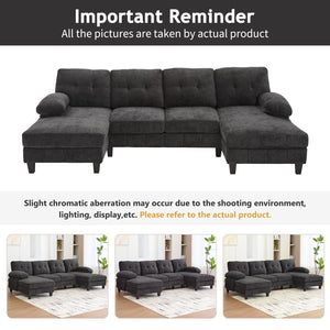English Elm U-shaped Chenille Sectional Sofa with Dual Chaise Lounges, Tufted Back, Storage Pockets & Pillows Black N719S002040B