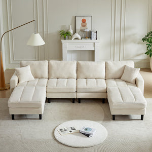 English Elm 122.5-Inch Oversized U-Shaped Modular Sofa Corduroy Sectional with Double Chaise, Ottoman, Pillows and Plastic Legs Beige W1193S00122