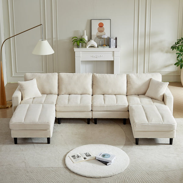 English Elm 122.5-Inch Oversized U-Shaped Modular Sofa Corduroy Sectional with Double Chaise, Ottoman, Pillows and Plastic Legs Beige W1193S00122