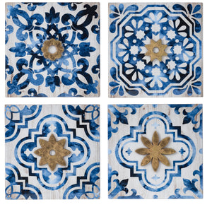 English Elm S/4 Abstract Blue White and Gold Wall Decor Accents — Coastal Modern Boho Set, 10.6x7.7x10.8" W2078P205295