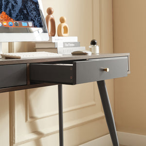 English Elm Mid Century Desk Walnut+Dark Grey — Mid-Century Modern Writing Desk with 3 Drawers, Spacious Work Area, Easy Assembly (52.4"L x 26"W) W876P280091