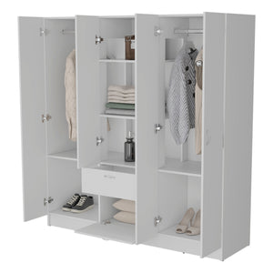 English Elm White 6-Door Wardrobe with Shelf and Drawer — Spacious White Storage Armoire with Drawers, Timeless Design B062S00628