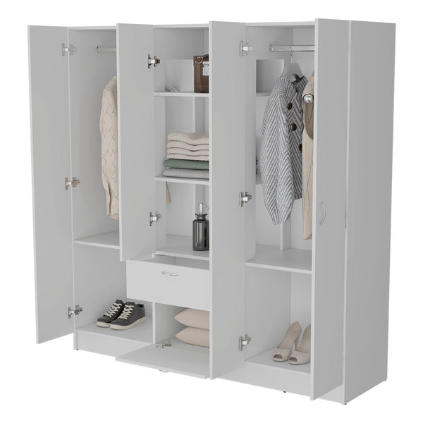 English Elm White 6-Door Wardrobe with Shelf and Drawer — Spacious White Storage Armoire with Drawers, Timeless Design B062S00628