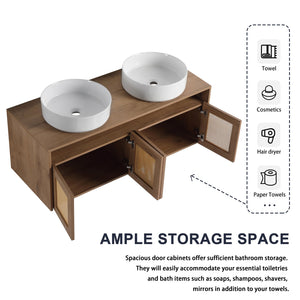 English Elm 48" Imitative Oak Wall Mounted Bathroom Vanity with Ceramic Art Sink, Plywood, 4 Soft-Close Doors, Modern Float Design W999S00399