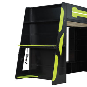 English Elm Twin Gaming Loft Bed with Desk Rgb Lighting and Multi-tier Shelves for Teen Rooms Green LT000160AAG