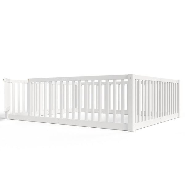 English Elm Queen Kids Floor Bed Pine Wood Frame with Safety Rails Door and Low Profile Design Light White W1580P417672