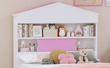 English Elm Twin Size House-Shaped Wooden Bed With Storage Shelf On The Headboard, Built-In Two Storage Drawers, Pink