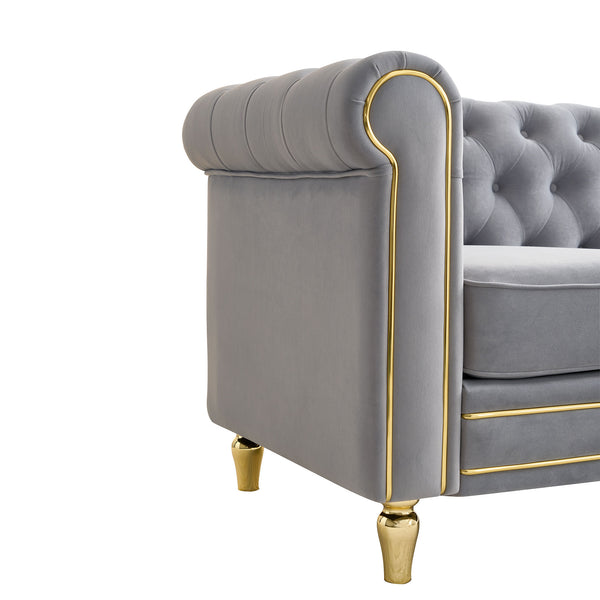 English Elm Chesterfield 84.65" Rolled Arm Velvet Sofa Light Grey with Gold Trim, Deep Tufting & Plush Seats W579P326878