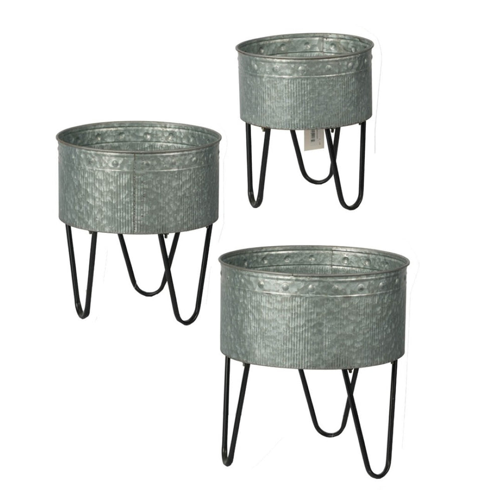 English Elm Set of 3 Galvanized Metal Planters with Black Hairpin Legs Industrial Trio W2078P323442