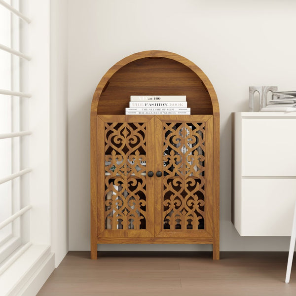 English Elm Hand-carved Solid Wood Tall Narrow Cabinet with Floral Arched Doors and Open Shelving W3123P485765