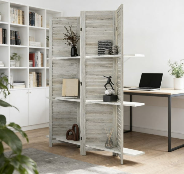 English Elm Privacy Screen Divider Four Panel Paulownia Wood Louvered Shelves Farmhouse White T3971P431138