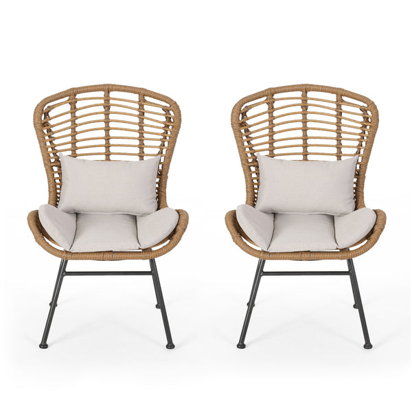 English Elm Christopher Knight Home® - Frazer Woven Rattan Patio Chairs Set of 2 with Water-Resistant Cushions and Durable Iron Frame Beige+Brown 65489.00LBRN
