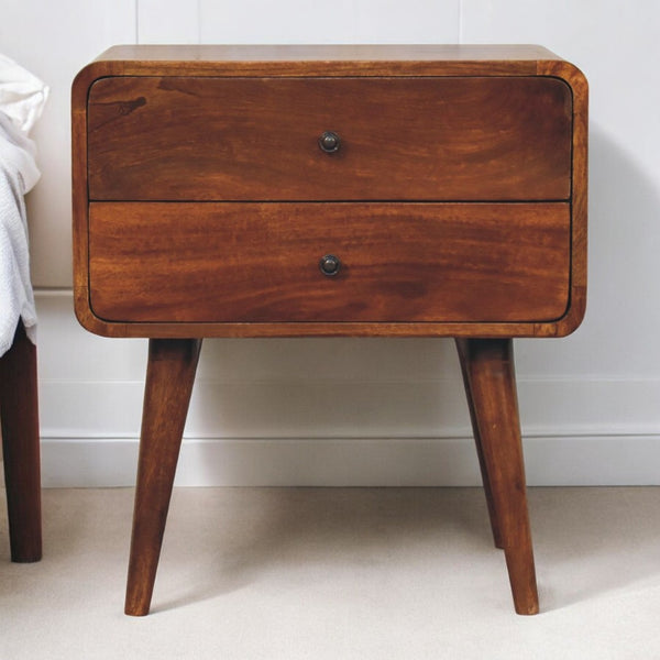 English Elm Solid Wood Large Curved Chestnut Bedside Table With 2 Drawers, Nordic Legs, And Elegant Design B182P234102-GIGA