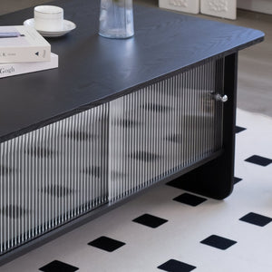 English Elm 47"rectangular Coffee Table Fluted Glass Sliding Doors Retro Wood Grain Living Room Storage Black W3935P408521