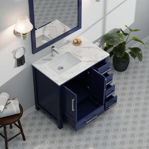 English Elm Navy Solid Wood Bath Vanity 36" W x 22" D Left Offset with Carrara Marble Top, Soft-Close Drawers B2731P258856