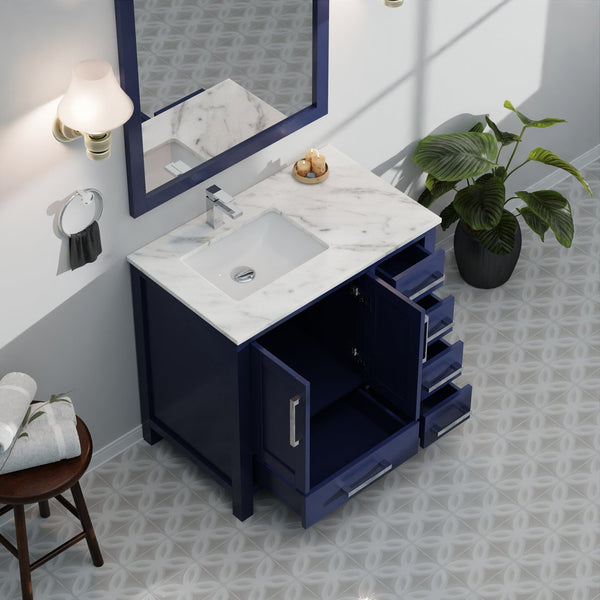 English Elm Navy Solid Wood Bath Vanity 36" W x 22" D Left Offset with Carrara Marble Top, Soft-Close Drawers B2731P258856