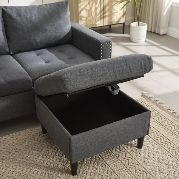 English Elm Small L-Shaped Sofa with Storage Ottoman and Side Pockets, Velvet 3-Seat Space-Saving Couch Dark Gray W2705P255386