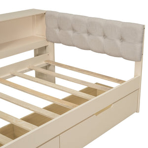English Elm Wood Twin Size Platform Bed With Usb Charging, Storage Drawers, Upholstered Headboard In Cream GX002107AAC-1-GIGA