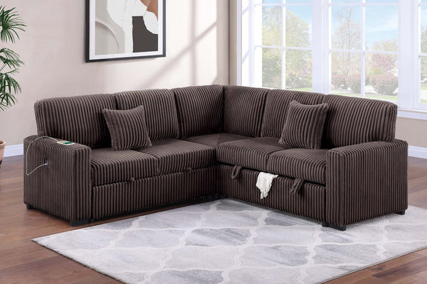 English Elm Modern Corduroy Sectional Sofa with Storage Pull Out Bed and Usb Charging Port B011S02172
