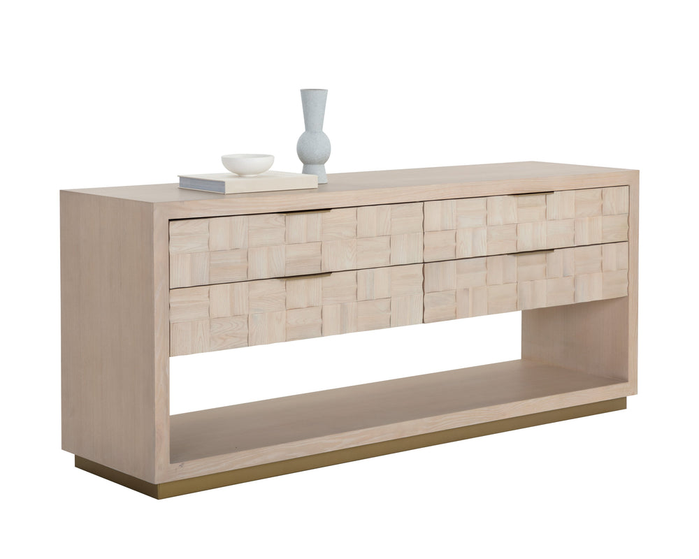Sunpan Akava Dresser - Minimalist Light Oak Wood with Textured Drawer Fronts and Gold Aluminum Handles