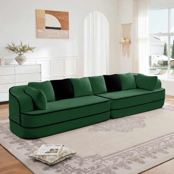 English Elm 135" Plush Teddy Fabric 4-Seat Modular Sofa No Assembly Cloudlike 32D High‑Resilience Comfort Lounge Green W714S01423