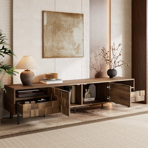 English Elm Mid Century Modern Tv Stand 79 Inch Wood Tone Console with Drawers for Living Room N710P401530P
